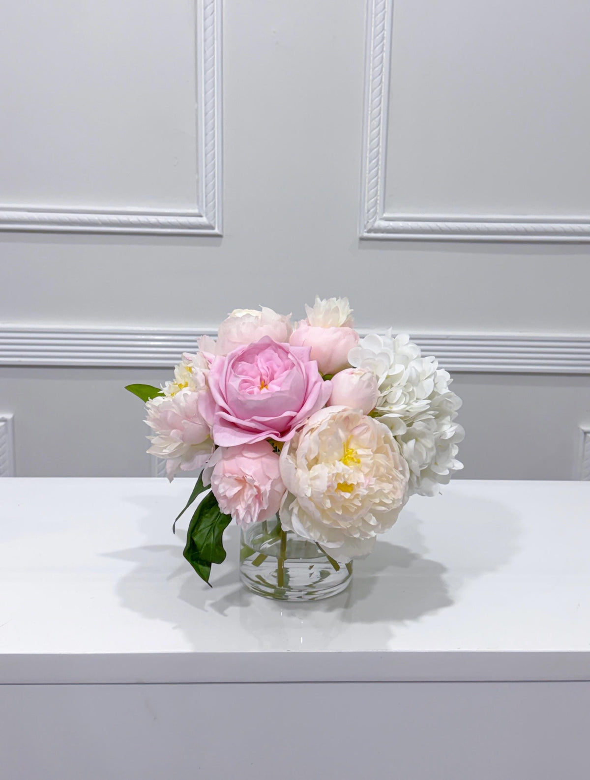 Pink rose peony hydrangea real touch arrangement detail