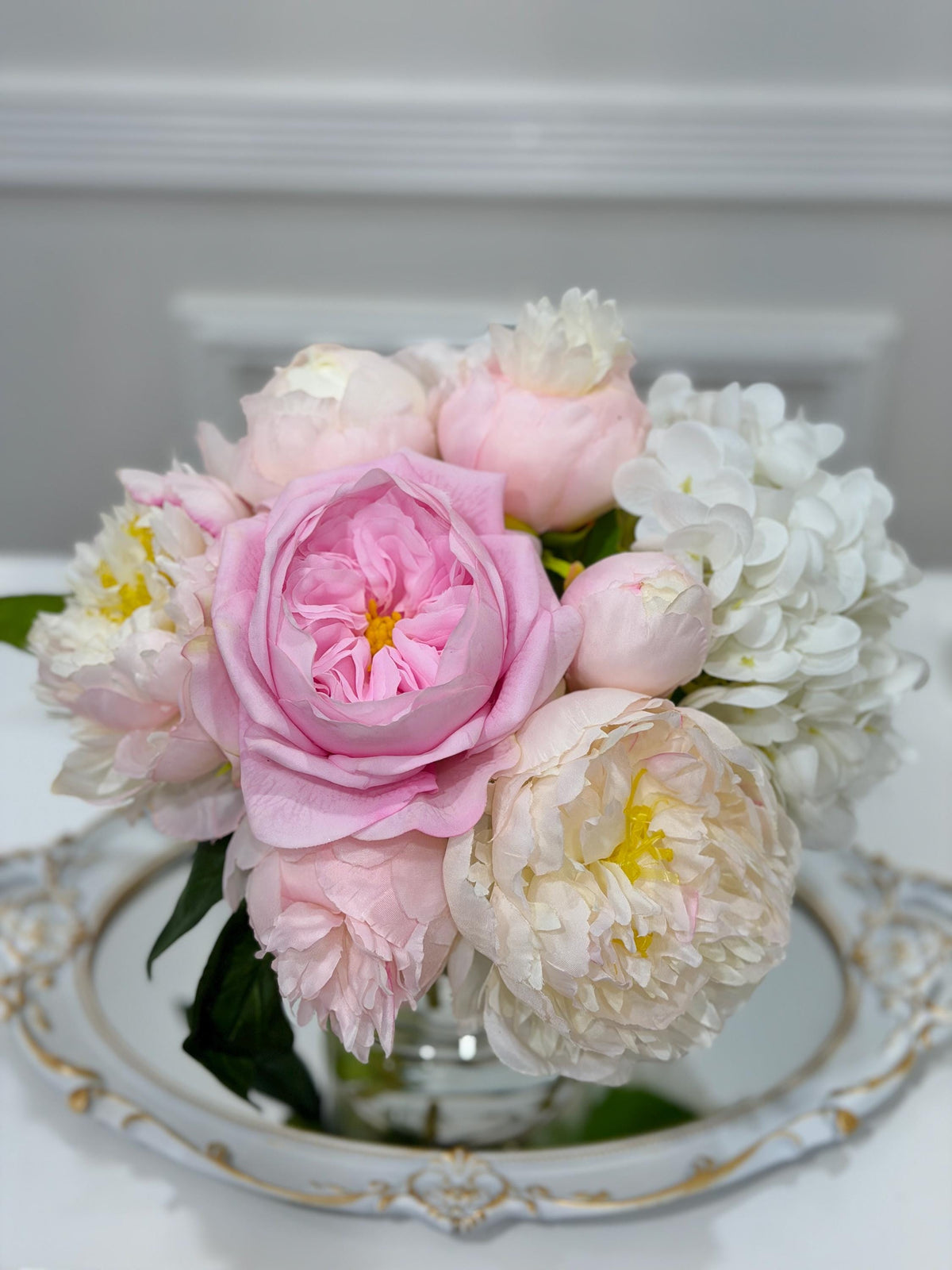 Pink rose peony hydrangea real touch centerpiece styled