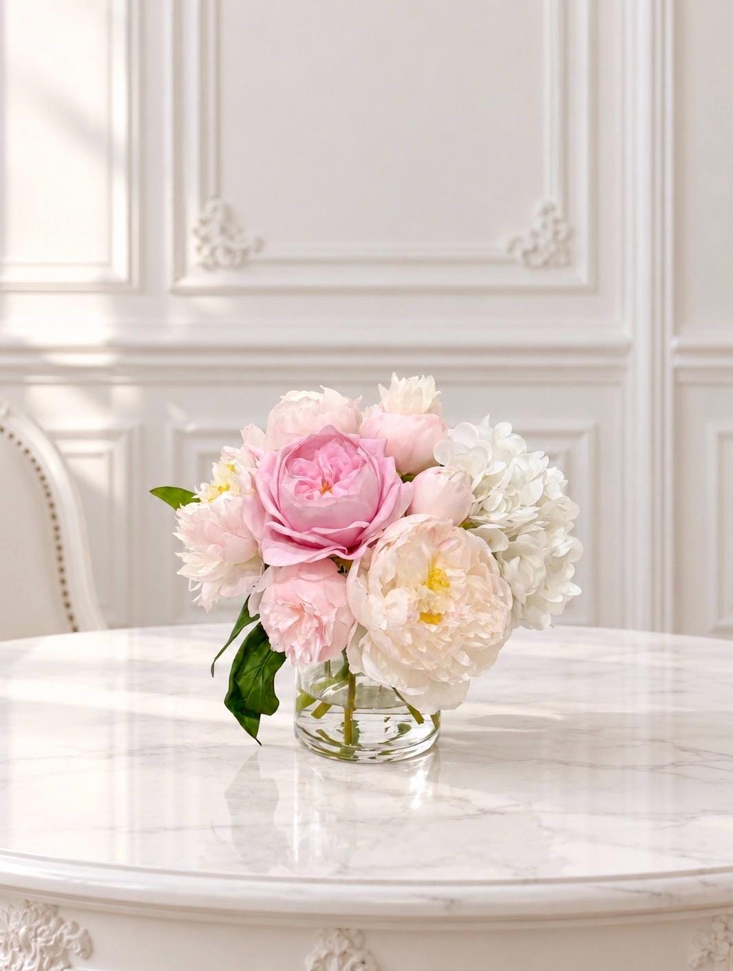 Pink rose peony real touch centerpiece with white hydrangea