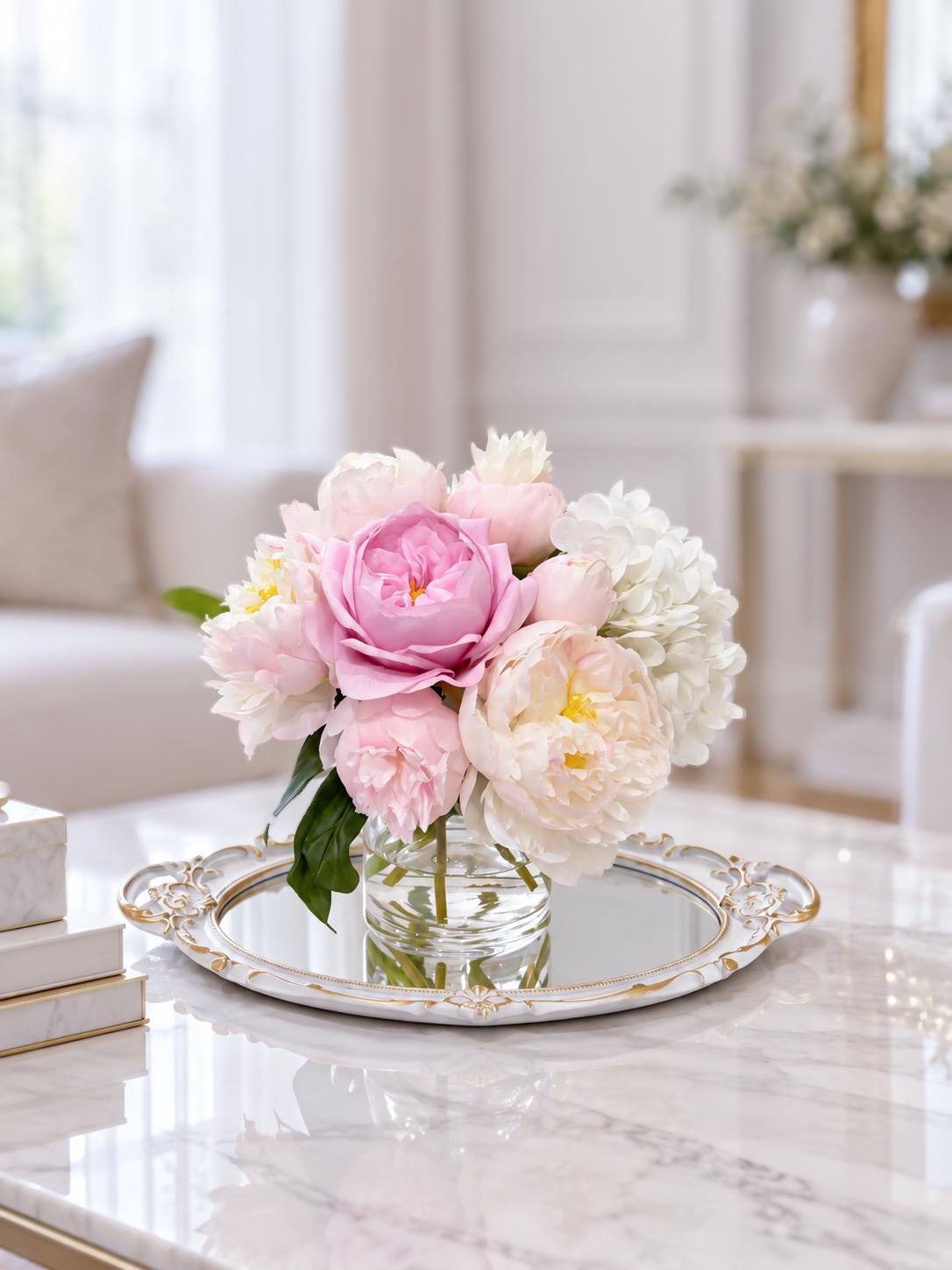 10-in Pink Rose Peony Hydrangea Real Touch Centerpiece