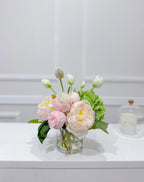 13-in Pink Green Hydrangea Peony Real Touch Arrangement in a clear glass vase