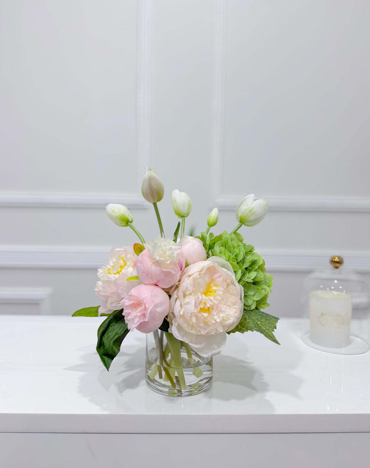 13-in Pink Green Hydrangea Peony Real Touch Arrangement in a clear glass vase
