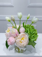 13-in Pink Green Hydrangea Peony Real Touch Arrangement in a clear glass vase