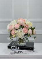 Pink White Rose Peony Real Touch Centerpiece in Glass Vase