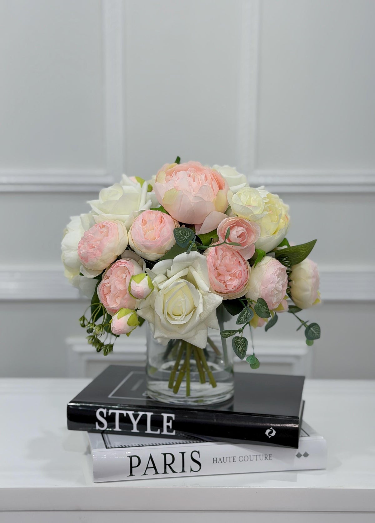 Pink White Rose Peony Real Touch Centerpiece in Glass Vase