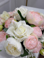 Pink White Rose Peony Real Touch Centerpiece in Glass Vase