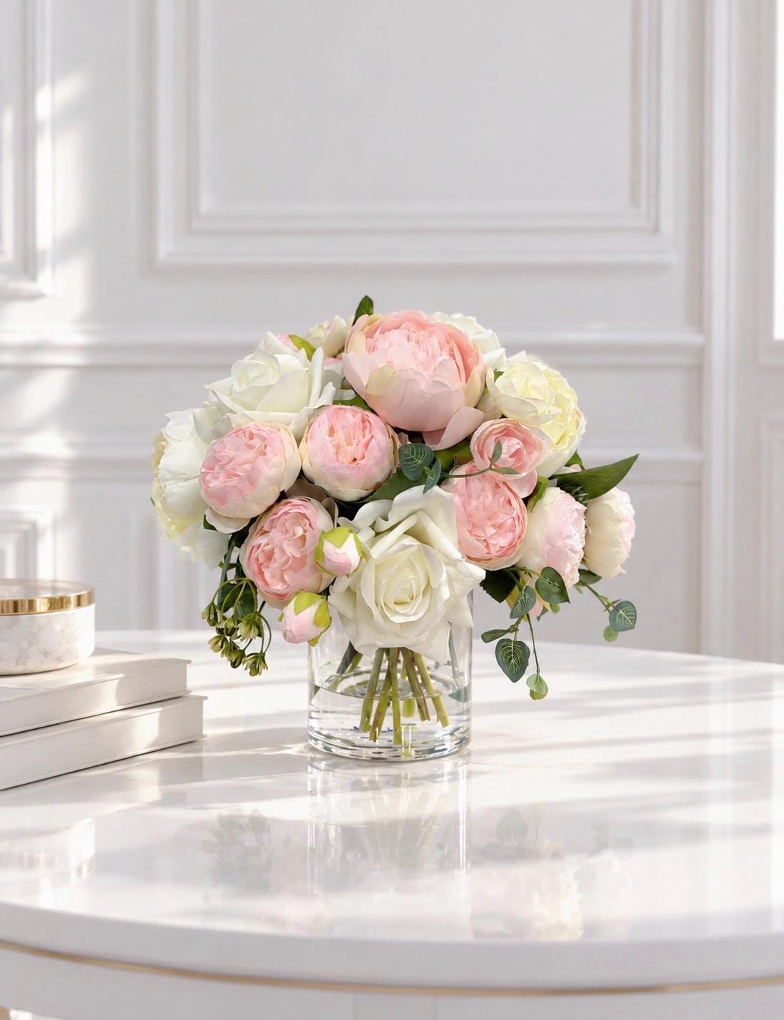 Pink White Rose Peony Real Touch Centerpiece in Glass Vase