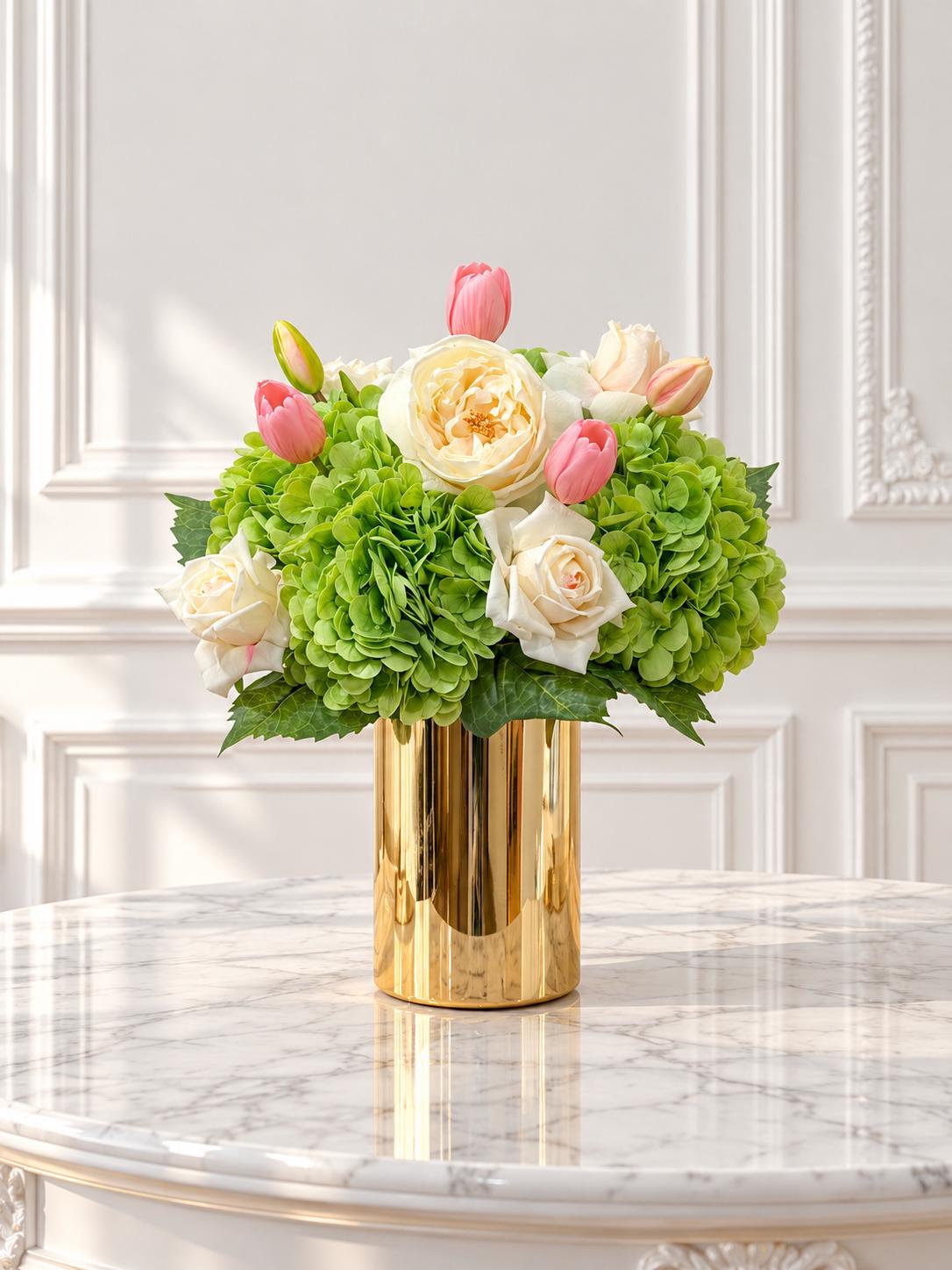 Real touch rose hydrangea tulip centerpiece in a gold vase