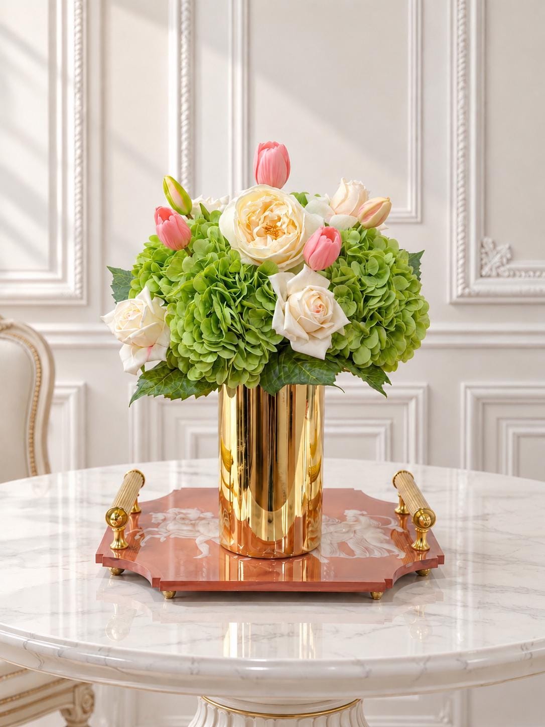 Real touch rose hydrangea tulip centerpiece in a gold vase Main image
