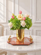 Real touch rose hydrangea tulip centerpiece in a gold vase