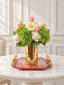 Real touch rose hydrangea tulip centerpiece in a gold vase