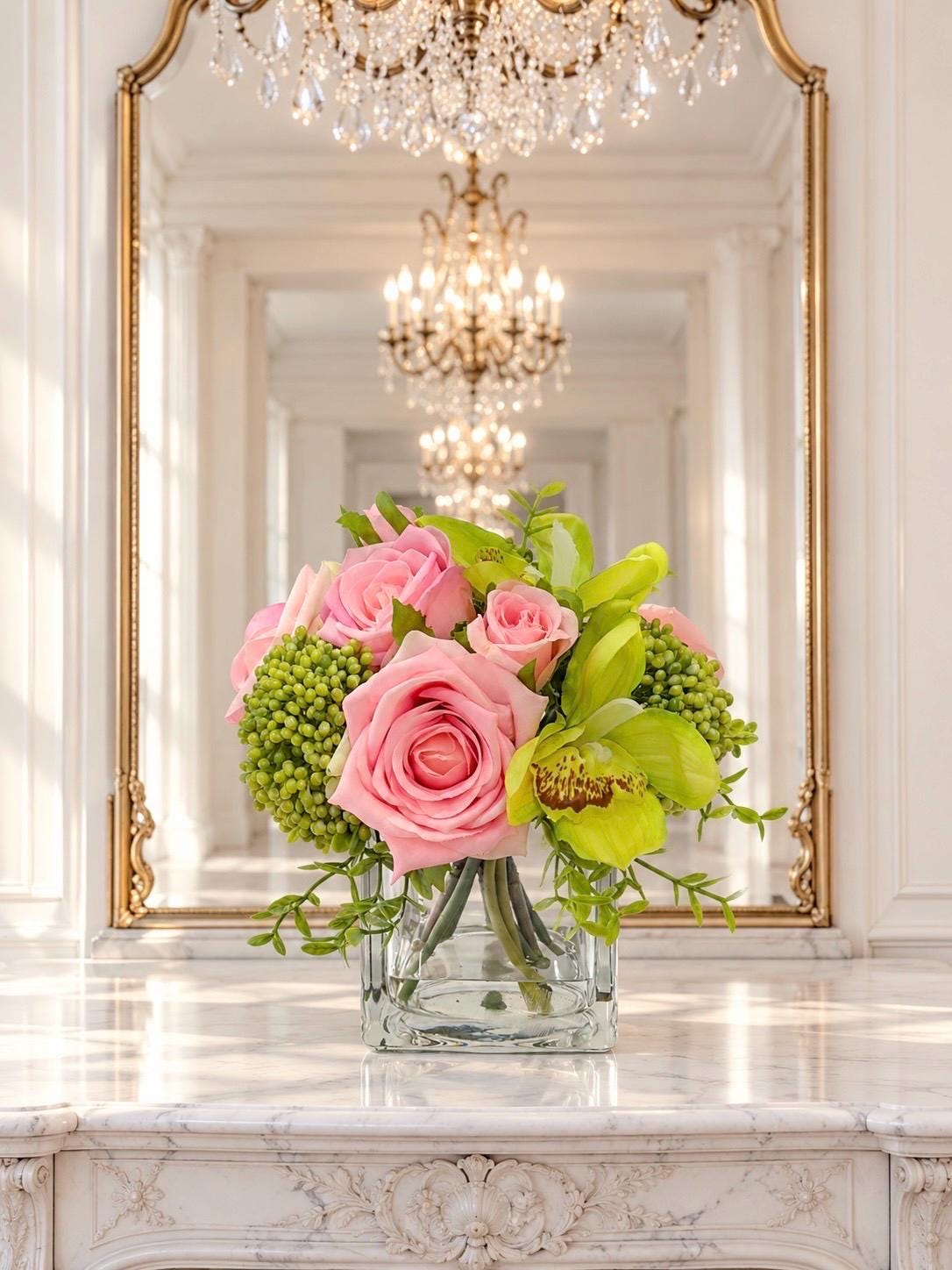 Pink and green real touch rose and orchid faux floral centerpiece in a glass vase