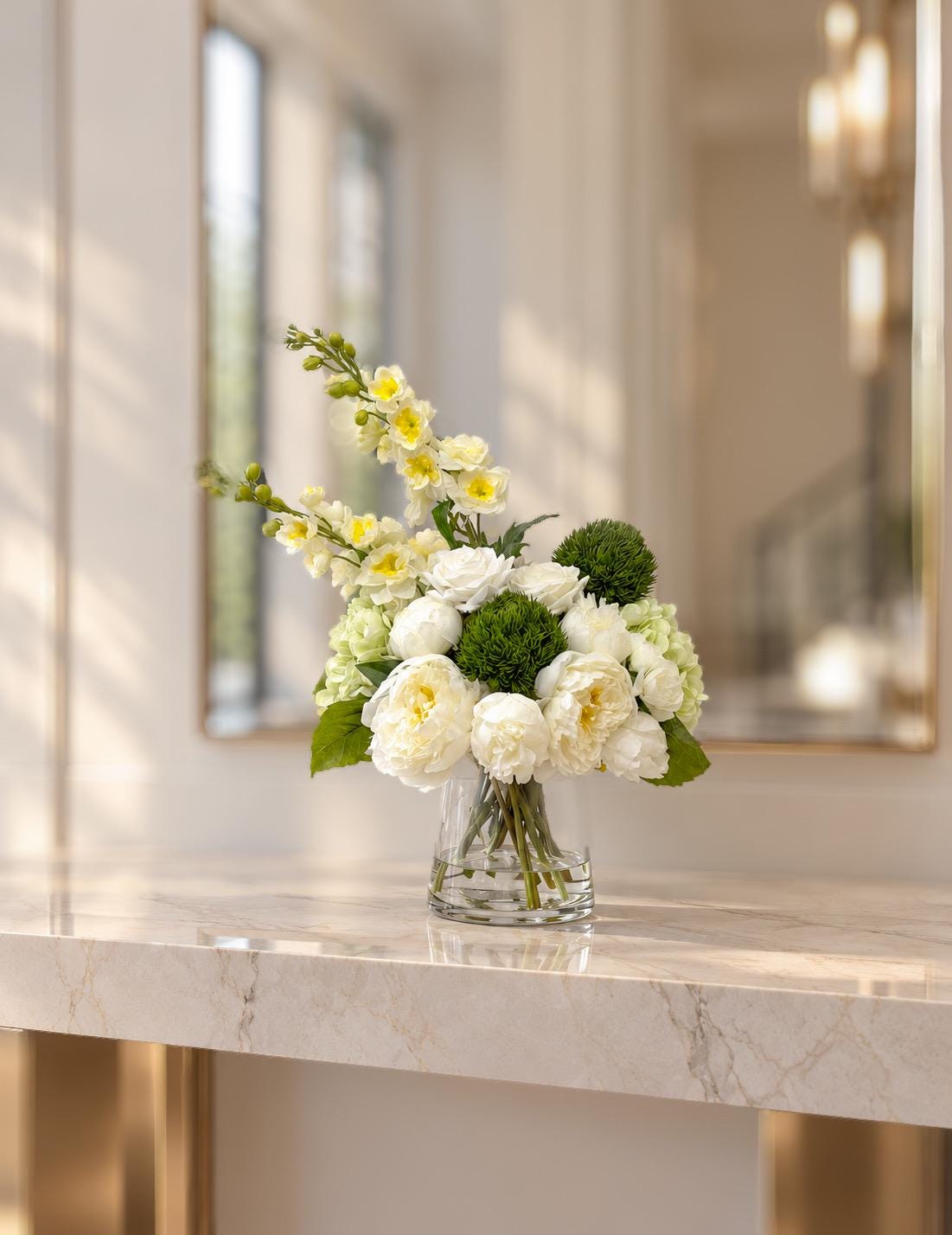 White peony and rose faux floral centerpiece with green hydrangea and snapdragons
