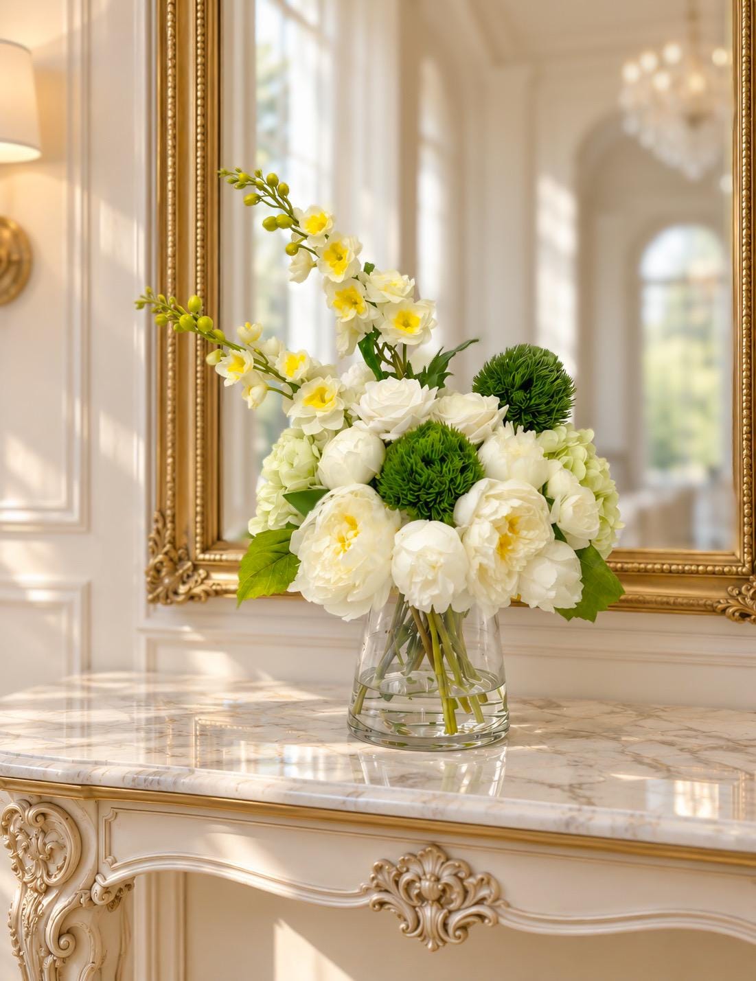 White green real touch hydrangea rose and silk peony centerpiece in a clear glass vase on a marble console Main image