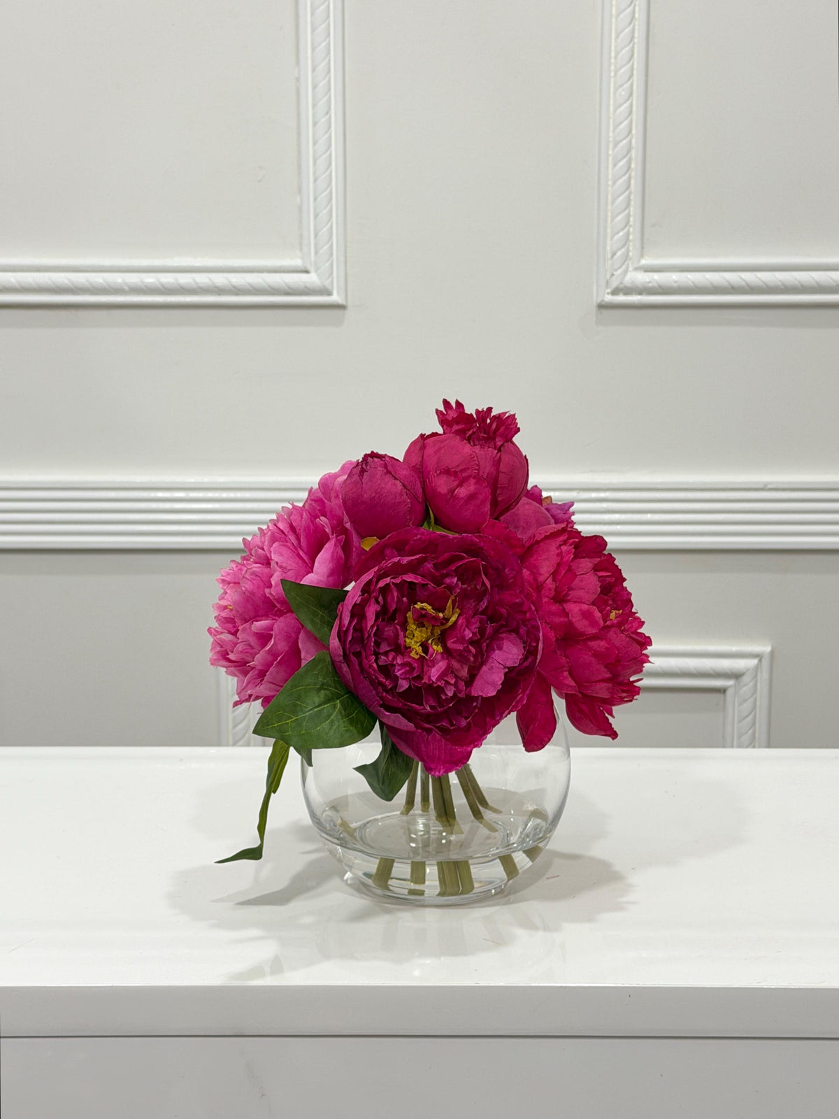 Premium silk magenta peony arrangement in a clear glass vase