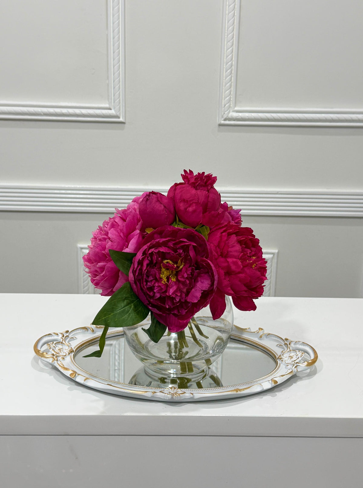 Premium silk magenta peony arrangement in a clear glass vase