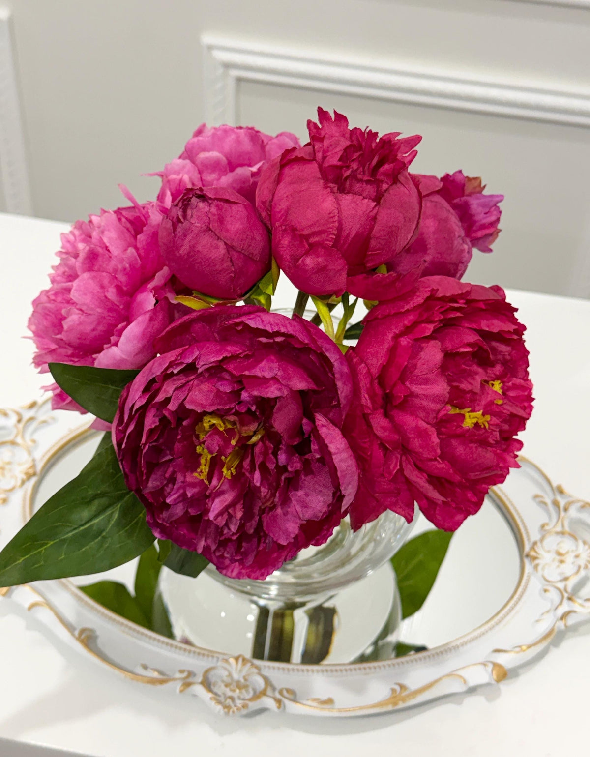 Premium silk magenta peony arrangement in a clear glass vase