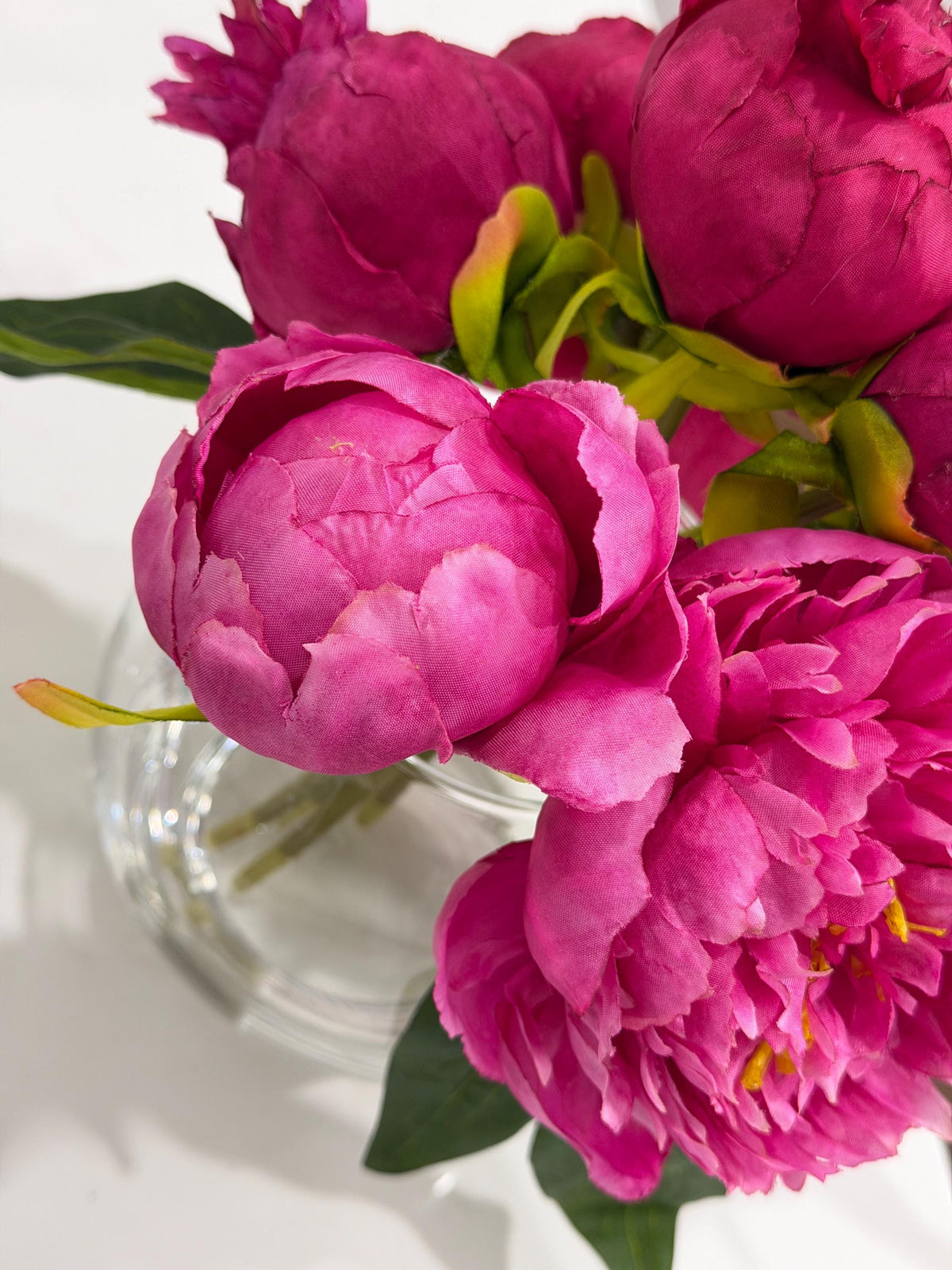 Premium silk magenta peony arrangement in a clear glass vase