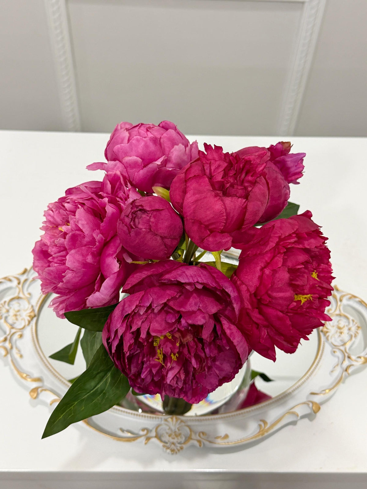 Premium silk magenta peony arrangement in a clear glass vase