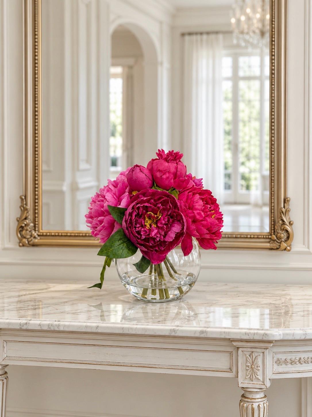 Premium silk magenta peony arrangement in a clear glass vase