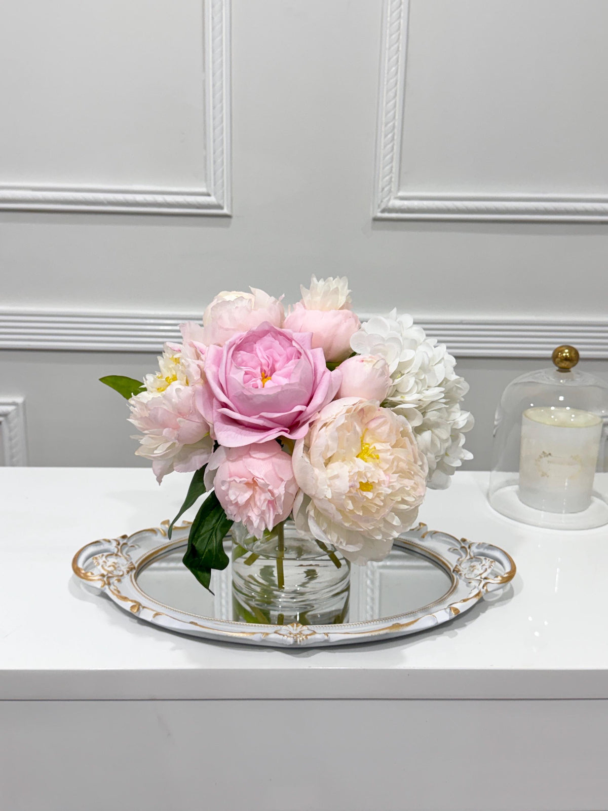 Pink rose peony real touch centerpiece side view