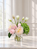 13-in Pink Green Hydrangea Peony Real Touch Arrangement in a clear glass vase
