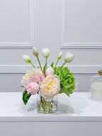 13-in Pink Green Hydrangea Peony Real Touch Arrangement in a clear glass vase