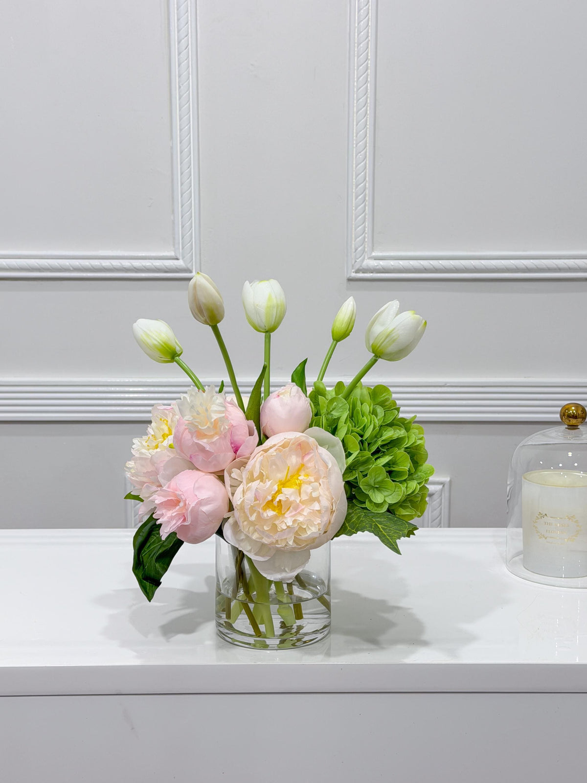 13-in Pink Green Hydrangea Peony Real Touch Arrangement in a clear glass vase