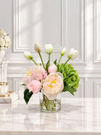 13-in Pink Green Hydrangea Peony Real Touch Arrangement in a clear glass vase