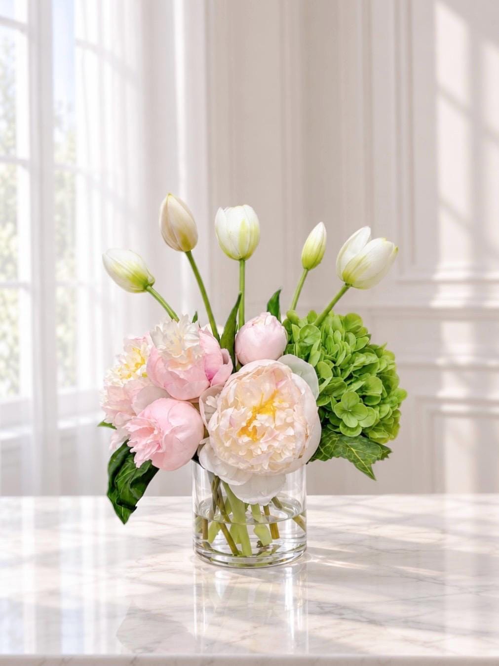 13-in Pink Green Hydrangea Peony Real Touch Arrangement in a clear glass vase Main image