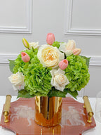 Real touch rose hydrangea tulip centerpiece in a gold vase