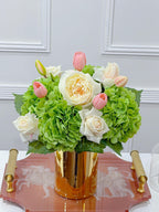 Real touch rose hydrangea tulip centerpiece in a gold vase
