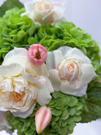Real touch rose hydrangea tulip centerpiece in a gold vase