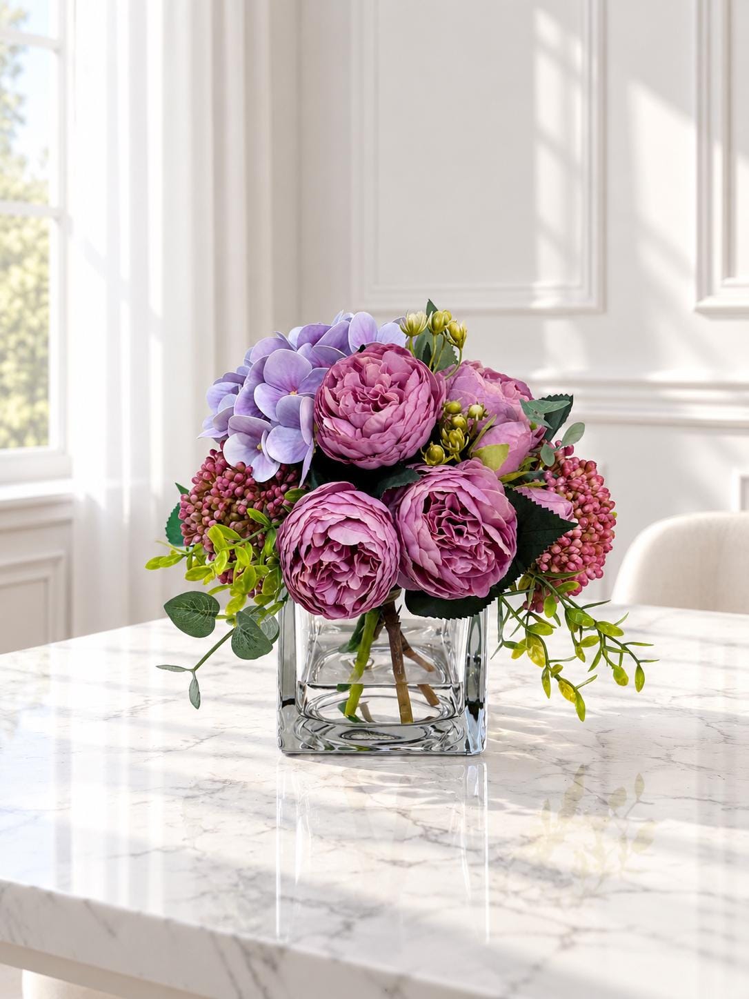 Purple peony rose and hydrangea faux floral centerpiece in a clear glass vase Main image