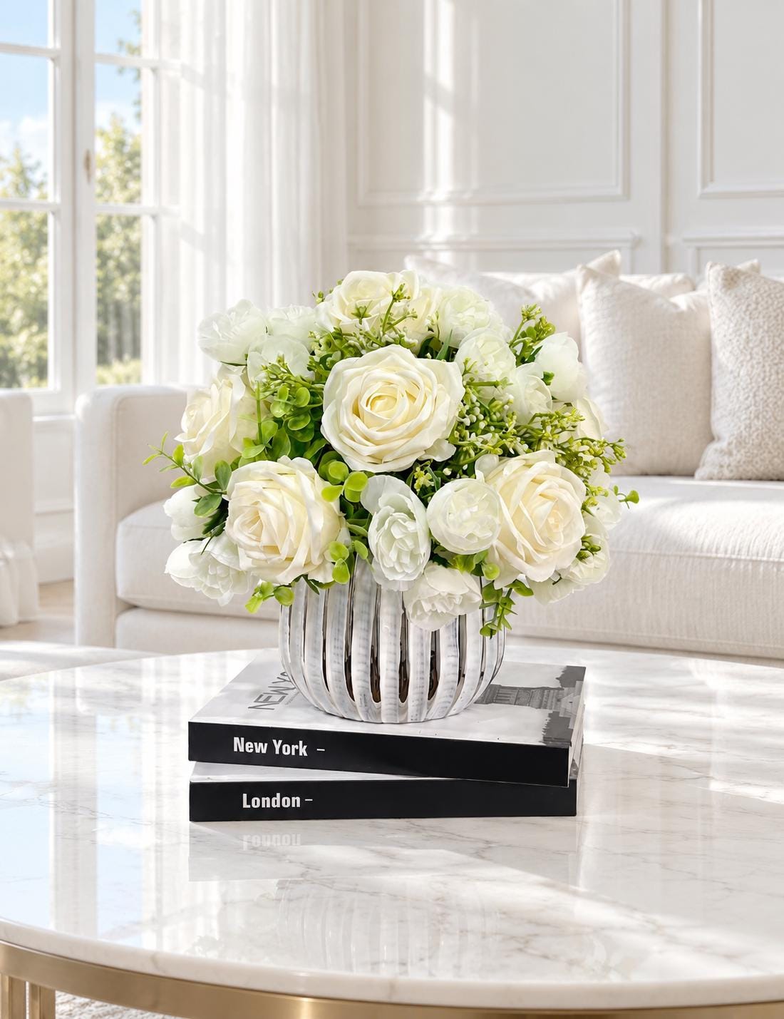 White silk rose and peony faux floral centerpiece in a ribbed vase