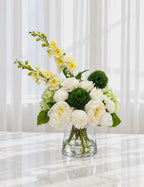 Real touch hydrangea and rose arrangement with silk peonies in a glass vase