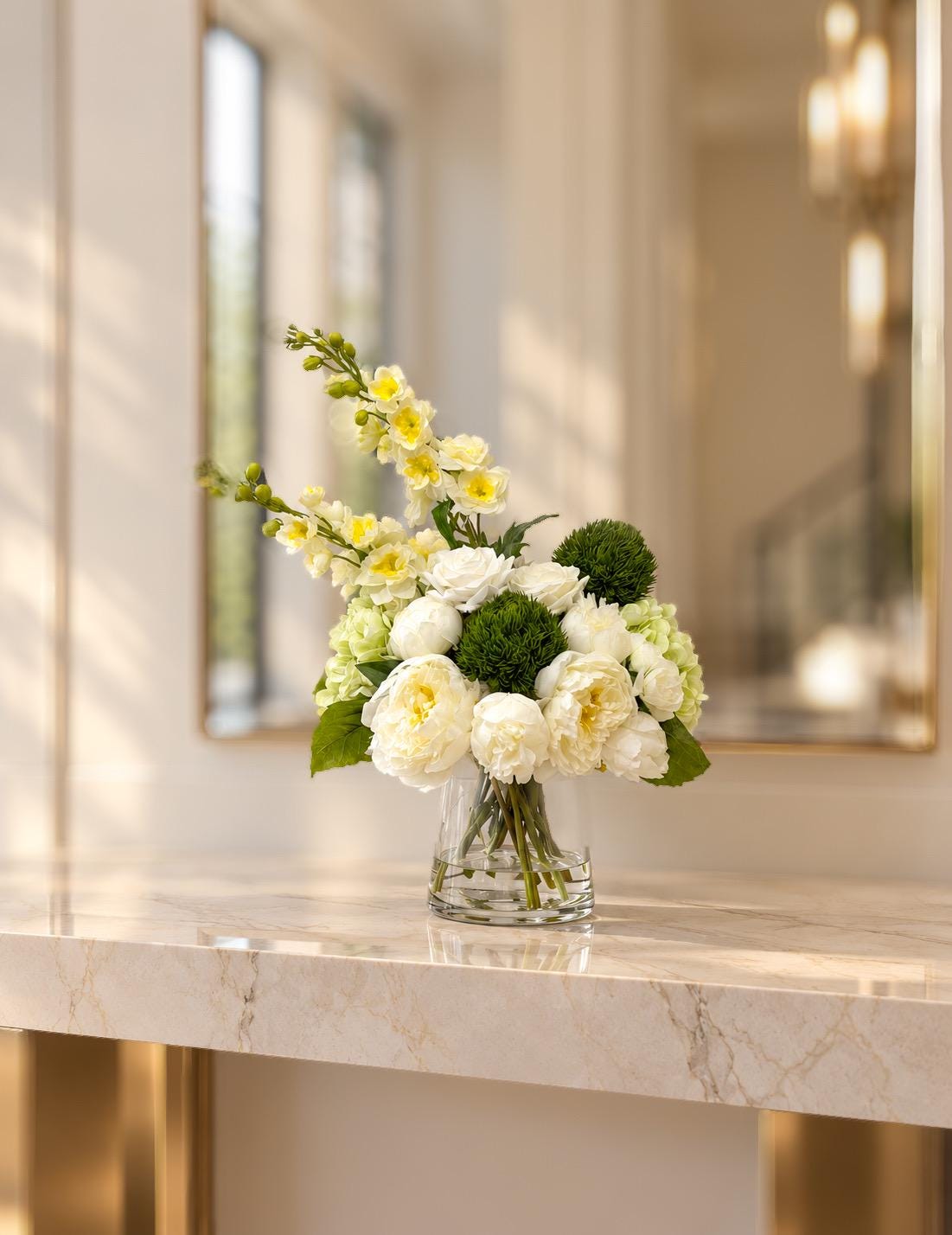 Detail of green hydrangea green accent balls and white peonies in the arrangement