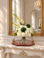 Close up of real touch roses and silk peonies with green accent balls