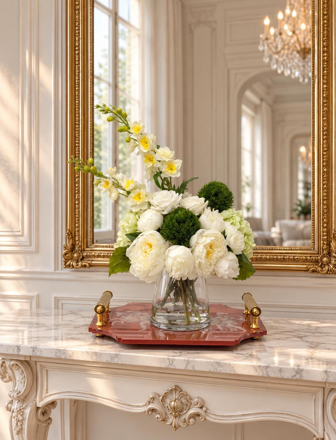 Close up of real touch roses and silk peonies with green accent balls