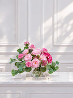 French Garden Paradise pink rose and hydrangea real touch arrangement in a clear glass vase