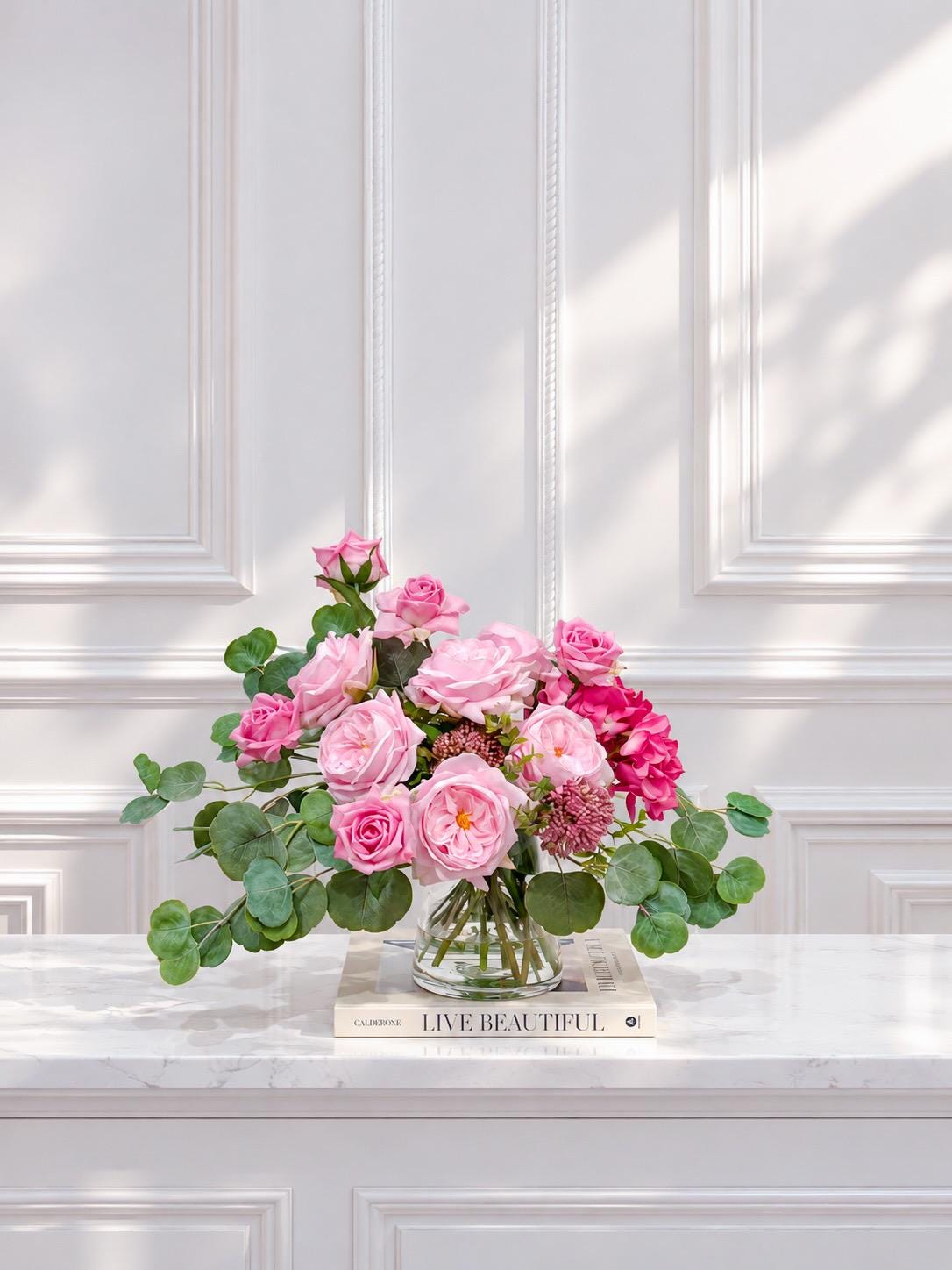 French Garden Paradise pink rose and hydrangea real touch arrangement in a clear glass vase