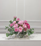 French Garden Paradise pink rose and hydrangea real touch arrangement in a clear glass vase