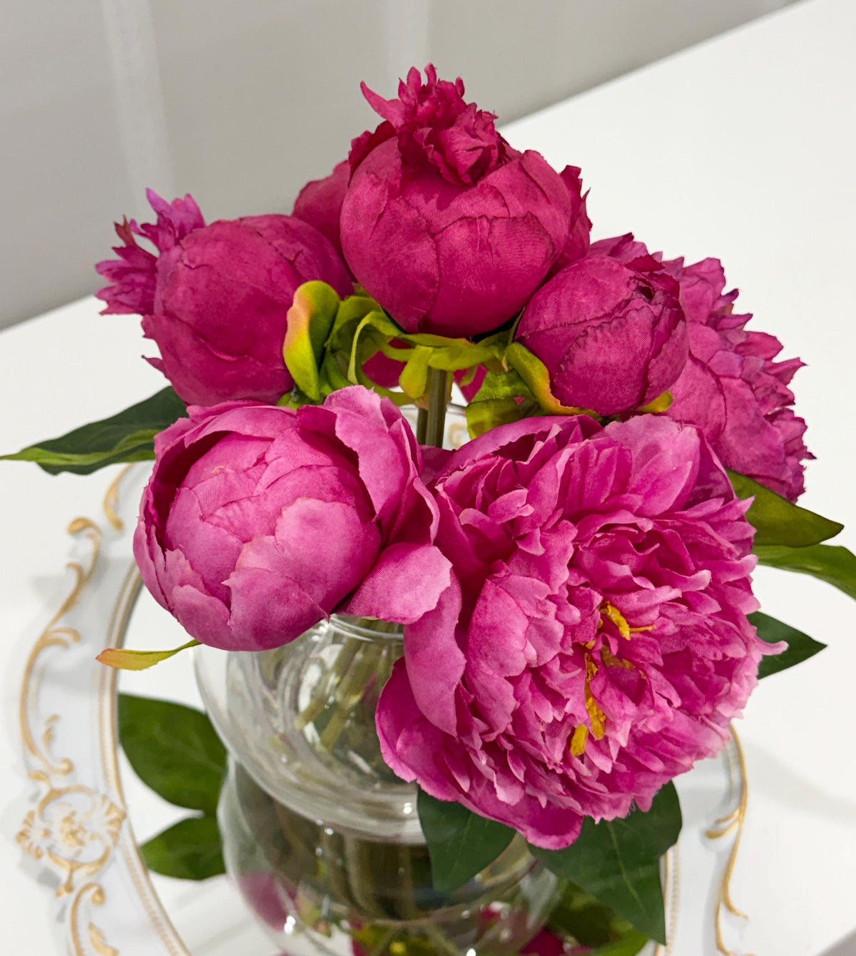 Premium silk magenta peony arrangement in a clear glass vase