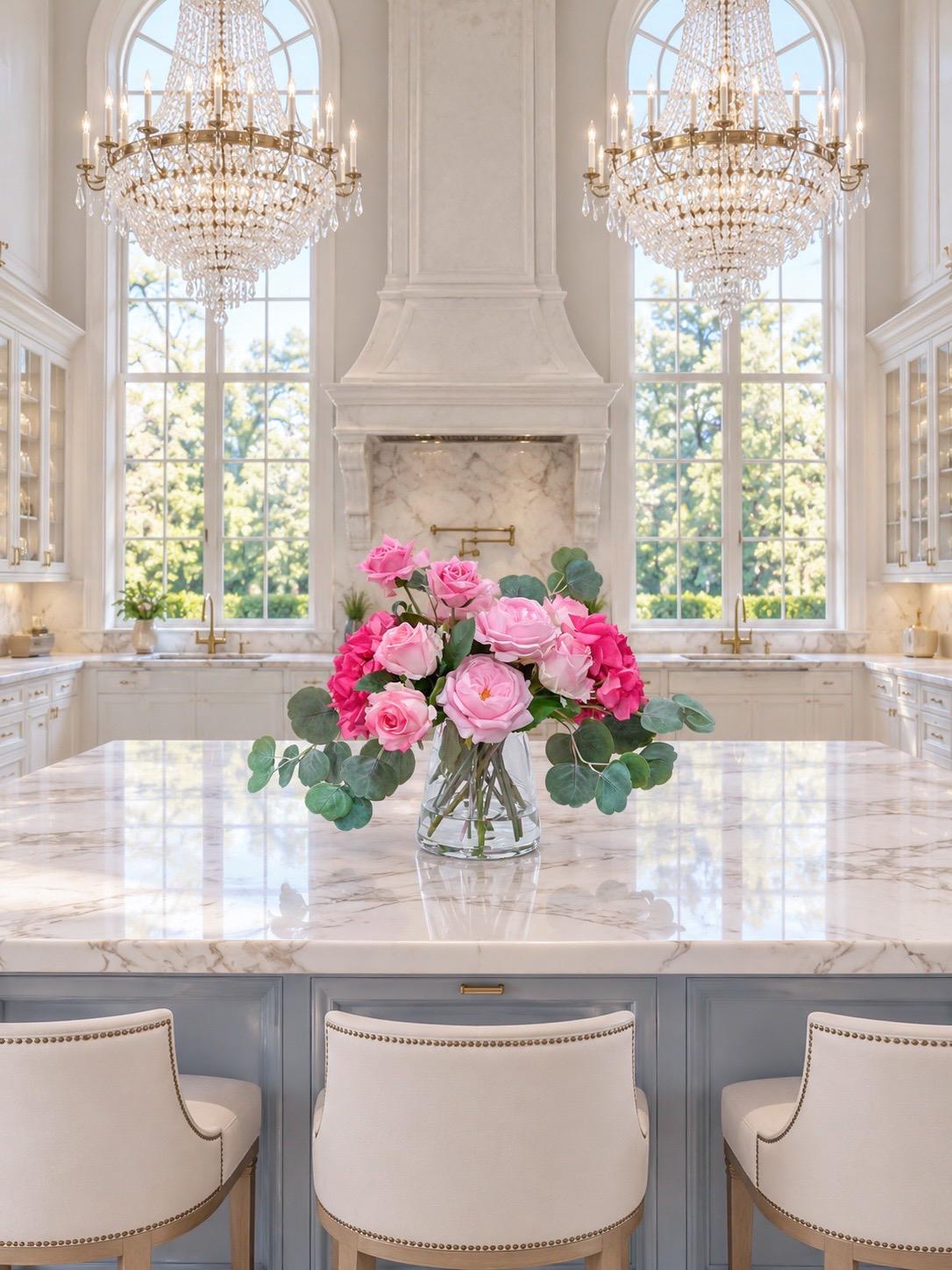 French Garden Real Touch Hydrangea Pink Rose Arrangement in glass vase