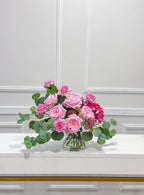 French Garden Paradise pink rose and hydrangea real touch arrangement in a clear glass vase