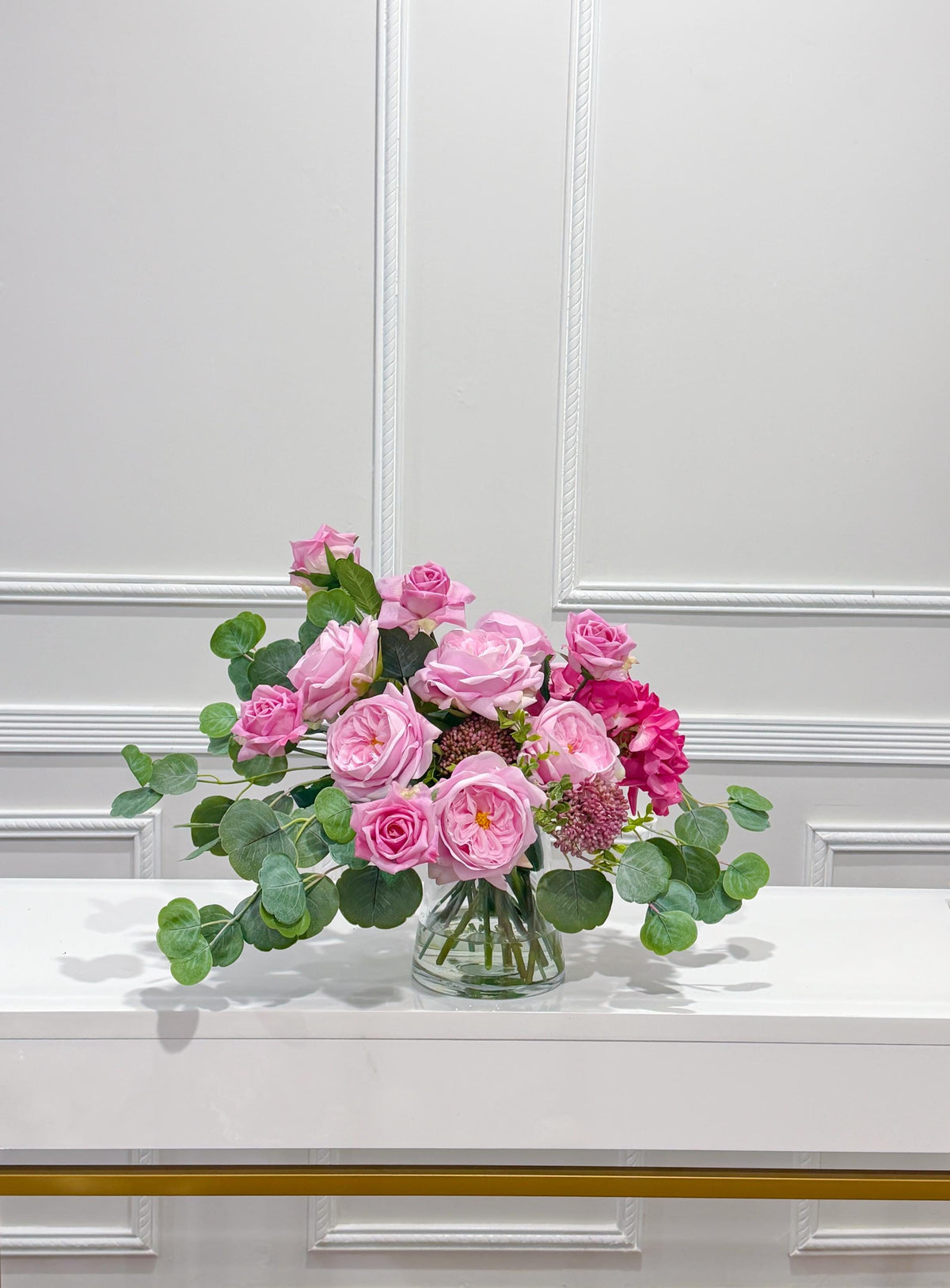 French Garden Paradise pink rose and hydrangea real touch arrangement in a clear glass vase