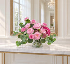 French Garden Paradise pink rose and hydrangea real touch arrangement in a clear glass vase
