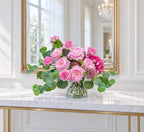 French Garden Paradise pink rose and hydrangea real touch arrangement in a clear glass vase