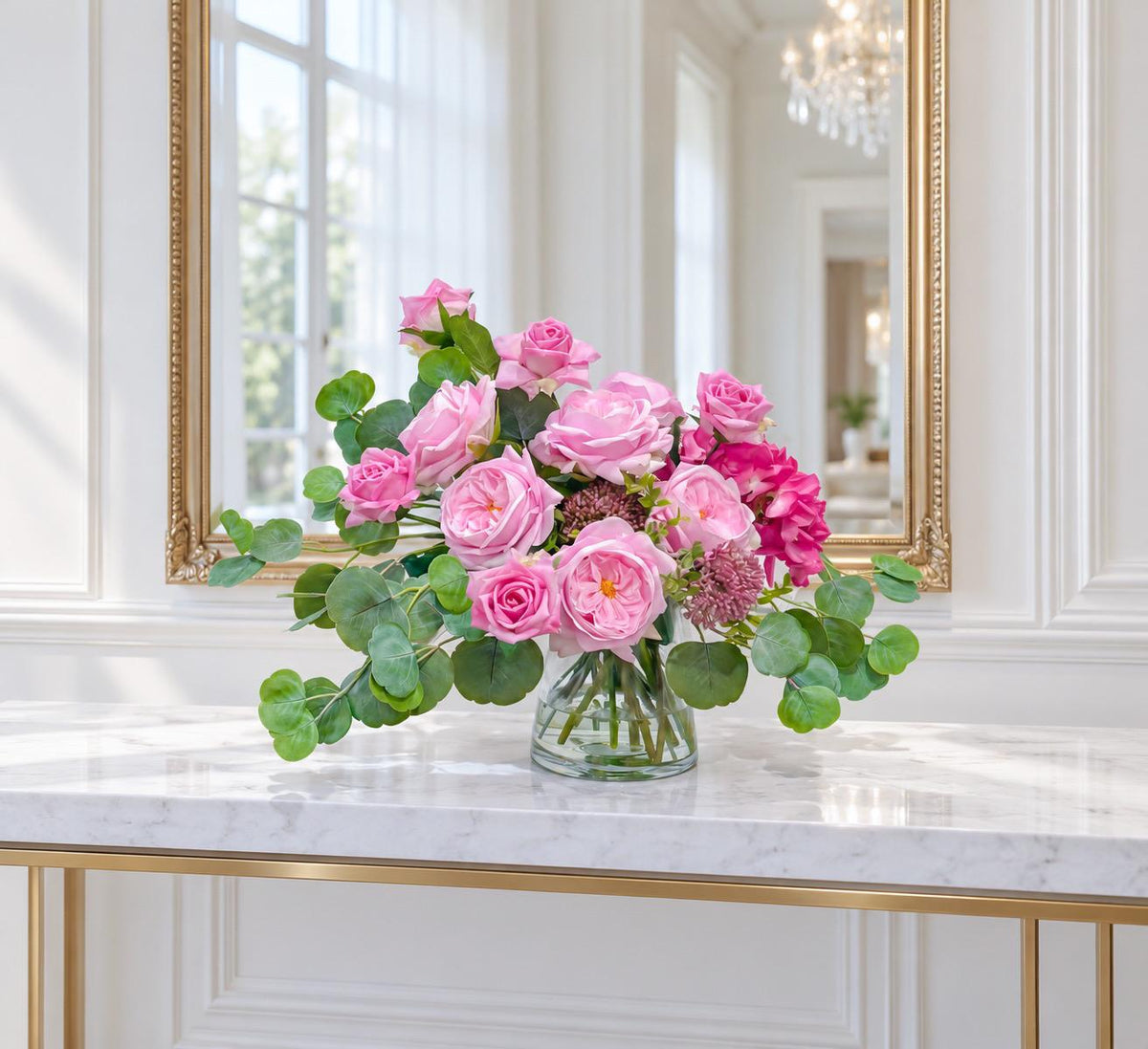 French Garden Paradise pink rose and hydrangea real touch arrangement in a clear glass vase