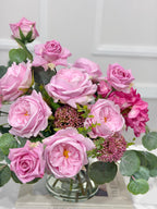 French Garden Paradise pink rose and hydrangea real touch arrangement in a clear glass vase